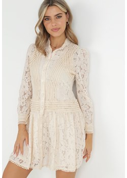 Jasnobeżowa Koszulowa Sukienka z Koronką Jolley ze sklepu Born2be Odzież w kategorii Sukienki - zdjęcie 149093247
