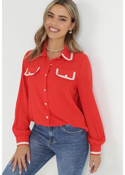 Czerwona Koszula z Biżuteryjnymi Guzikami i Eleganckimi Lamówkami Athehir ze sklepu Born2be Odzież w kategorii Koszule damskie - zdjęcie 149160309