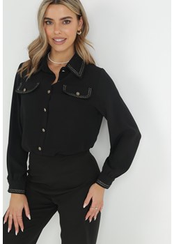 Czarna Koszula z Biżuteryjnymi Guzikami i Eleganckimi Lamówkami Athehir ze sklepu Born2be Odzież w kategorii Koszule damskie - zdjęcie 149160315