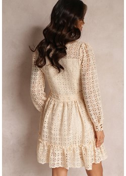 Jasnobeżowa Taliowana Sukienka z Koronką i Falbaną na Dole Kamora ze sklepu Renee odzież w kategorii Sukienki - zdjęcie 149160437
