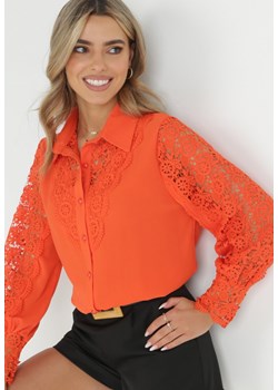 Pomarańczowa Koszula z Ażurowymi Wstawkami i Bufiastym Rękawem Simkin ze sklepu Born2be Odzież w kategorii Koszule damskie - zdjęcie 149174119