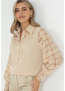 Beżowa Koszula z Ażurowymi Wstawkami i Bufiastym Rękawem Simkin ze sklepu Born2be Odzież w kategorii Koszule damskie - zdjęcie 149174125