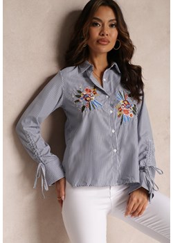 Niebieska Koszula z Wiązanymi Rękawami i Haftowanymi Kwiatami Kasra ze sklepu Renee odzież w kategorii Koszule damskie - zdjęcie 149194756