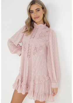 Różowa Ażurowa Sukienka Mini ze Stójką i Falbankami Ranones ze sklepu Born2be Odzież w kategorii Sukienki - zdjęcie 149390429