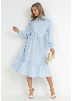 Niebieska Sukienka Koszulowa z Paskiem I Koronkowymi Wstawkami Nolenne ze sklepu Born2be Odzież w kategorii Sukienki - zdjęcie 149450926
