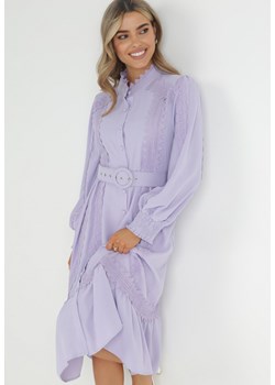 Fioletowa Sukienka Koszulowa z Paskiem I Koronkowymi Wstawkami Nolenne ze sklepu Born2be Odzież w kategorii Sukienki - zdjęcie 149465286