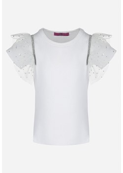 Biała Koszulka z Prążkowanej Dzianiny z Falbankami Nouf ze sklepu Born2be Odzież w kategorii Bluzki dziewczęce - zdjęcie 149483335