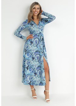 Niebieska Kopertowa Sukienka Maxi z Materiałowym Paskiem Jamiria ze sklepu Born2be Odzież w kategorii Sukienki - zdjęcie 150621246