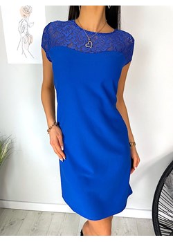 Kobaltowa Sukienka z Koronkowym Dekoltem ze sklepu ModnaKiecka.pl w kategorii Sukienki - zdjęcie 150795459