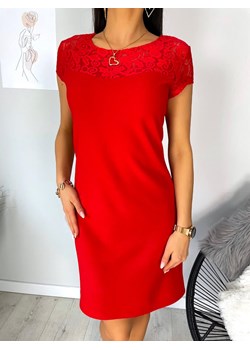 Czerwona Sukienka z Koronkowym Dekoltem ze sklepu ModnaKiecka.pl w kategorii Sukienki - zdjęcie 150795465