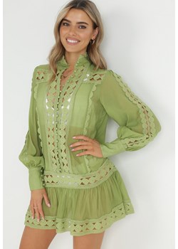 Zielona Pudełkowa Tunika z Koronką i Długim Rękawem Ahrar ze sklepu Born2be Odzież w kategorii Odzież plażowa - zdjęcie 150897659