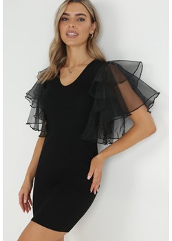 Czarna Dopasowana Sukienka Mini z Tiulowymi Kaskadowymi Rękawami Hihanno ze sklepu Born2be Odzież w kategorii Sukienki - zdjęcie 150903487