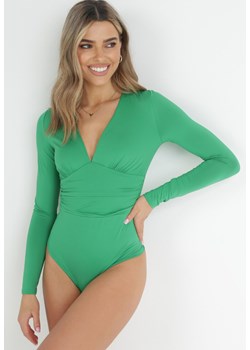 Zielone Body z Trójkątnym Dekoltem i Długim Rękawem Fenthea ze sklepu Born2be Odzież w kategorii Bluzki damskie - zdjęcie 150934677