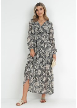 Szara Sukienka Maxi z Gumką w Talii i Roślinnym Printem Alai ze sklepu Born2be Odzież w kategorii Sukienki - zdjęcie 151093257
