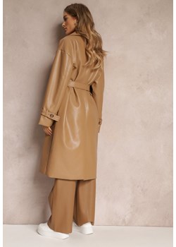 Beżowy Dwurzędowy Płaszcz z Imitacji Skóry z Paskiem Dyrine ze sklepu Renee odzież w kategorii Płaszcze damskie - zdjęcie 151100688