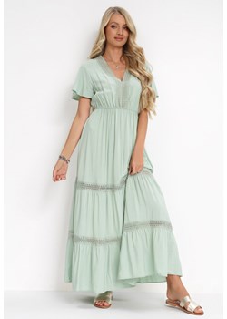 Miętowa Sukienka Maxi z Gumką w Talii i Koronkowymi Lamówkami Kelbie ze sklepu Born2be Odzież w kategorii Sukienki - zdjęcie 151810457