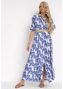 Niebieska Rozkloszowana Sukienka Maxi z Plecionym Paskiem i Wsuwanymi Kieszeniami Suttyn ze sklepu Born2be Odzież w kategorii Sukienki - zdjęcie 151810569