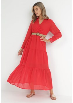Czerwona Sukienka z Kopertowym Dekoltem i Plecionym Paskiem Dirmi ze sklepu Born2be Odzież w kategorii Sukienki - zdjęcie 151810696