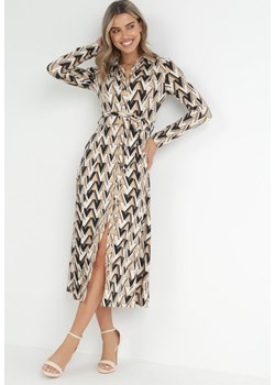 Beżowa Sukienka Maxi z Wiązanym Paskiem i Geometrycznym Wzorem Annalea ze sklepu Born2be Odzież w kategorii Sukienki - zdjęcie 151810849