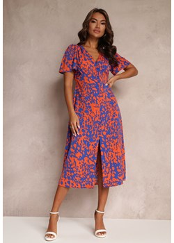 Pomarańczowo-Granatowa Taliowana Sukienka Midi z Krótkim Rękawem i Gumkami w Talii Zerala ze sklepu Renee odzież w kategorii Sukienki - zdjęcie 151814108