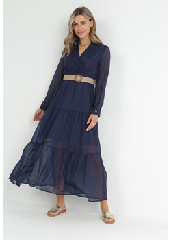 Granatowa Sukienka z Kopertowym Dekoltem i Plecionym Paskiem Dirmi ze sklepu Born2be Odzież w kategorii Sukienki - zdjęcie 151932049