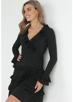 Czarna Sukienka Mini z Gumką w Talii i Falbankami Livarria ze sklepu Born2be Odzież w kategorii Sukienki - zdjęcie 151932109