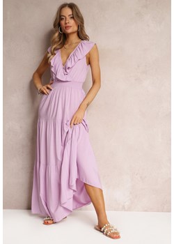 Fioletowa Rozkloszowana Sukienka Maxi z Gumką w Talii i Falbanką Laylani ze sklepu Renee odzież w kategorii Sukienki - zdjęcie 152027388