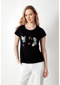 Czarny casualowy t-shirt z koralikami ze sklepu Molton w kategorii Bluzki damskie - zdjęcie 152188967