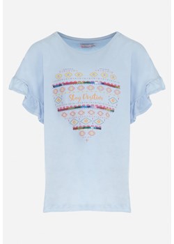 Jasnoniebieska Koszulka Bawełniana z Nadrukiem i Krótkim Rękawem Sanda ze sklepu Born2be Odzież w kategorii Bluzki dziewczęce - zdjęcie 152228258