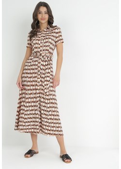 Beżowo-Bordowa Koszulowa Sukienka Maxi z Materiałowym Paskiem Rainora ze sklepu Born2be Odzież w kategorii Sukienki - zdjęcie 152325086