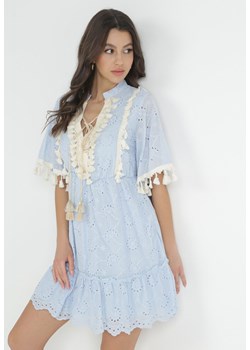 Niebieska Bawełniana Sukienka z Ażurowym Zdobieniem i Chwostami Adenthea ze sklepu Born2be Odzież w kategorii Sukienki - zdjęcie 152695208
