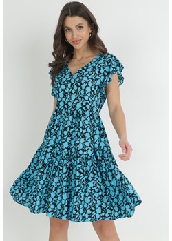 Niebiesko-Granatowa Sukienka Mini z Wiskozy z Falbanką Przy Ramionach i na Dole Jaysing ze sklepu Born2be Odzież w kategorii Sukienki - zdjęcie 152695397