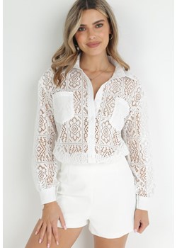 Biała Ażurowa Koszula z Kieszeniami Persedia ze sklepu Born2be Odzież w kategorii Koszule damskie - zdjęcie 152705399