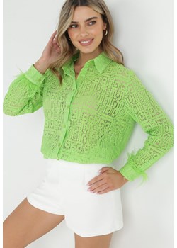Zielona Koronkowa Koszula z Piórkami Przy Rękawach Coile ze sklepu Born2be Odzież w kategorii Koszule damskie - zdjęcie 152705845