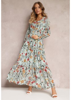 Miętowa Rozkoszowana Sukienka Maxi z Falbankami i Gumką w Talii Leezasa ze sklepu Renee odzież w kategorii Sukienki - zdjęcie 152709477