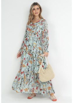 Miętowa Sukienka Maxi w Kwiatowy Wzór z Gumką w Pasie i Falbanami Enimas ze sklepu Born2be Odzież w kategorii Sukienki - zdjęcie 152902085