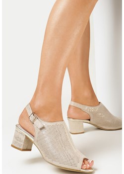 Złote Sandały Peep Toe na Obcasie ze Skórzaną Wkładką Unisa ze sklepu born2be.pl w kategorii Sandały damskie - zdjęcie 152938609