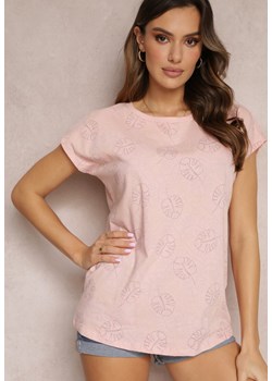 Różowy T-shirt z Nadrukiem w Listki Monstery z Cyrkoniami Moraia ze sklepu Renee odzież w kategorii Bluzki damskie - zdjęcie 153018657