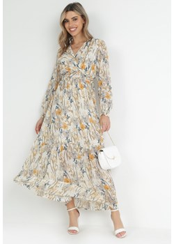 Beżowa Sukienka z Gumką w Pasie w Kwiaty Marias ze sklepu Born2be Odzież w kategorii Sukienki - zdjęcie 153023386