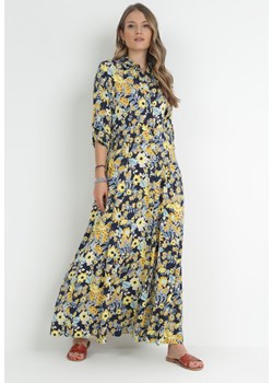 Granatowo-Żółta Rozkloszowana Sukienka Maxi Koszulowa w Kwiaty Moonsee ze sklepu Born2be Odzież w kategorii Sukienki - zdjęcie 153161438