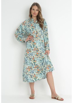 Miętowa Rozkloszowana Sukienka z Koszulową Górą Hajra ze sklepu Born2be Odzież w kategorii Sukienki - zdjęcie 153161568