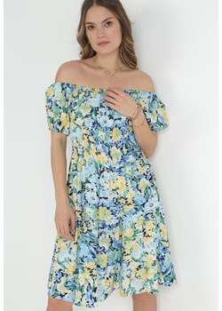 Niebieska Sukienka z Hiszpańskim Dekoltem z Wiskozy w Kwiaty Beliitra ze sklepu Born2be Odzież w kategorii Sukienki - zdjęcie 153163689