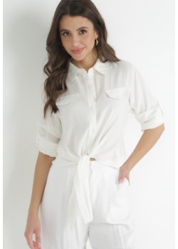 Biała Wiązana Koszula z Podpinanymi Rękawami z Wiskozy Rosina ze sklepu Born2be Odzież w kategorii Koszule damskie - zdjęcie 153191996