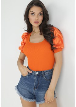 Pomarańczowa Bluzka z Prążkowanej Dzianiny z Bufiastymi Rękawami Maffa ze sklepu Born2be Odzież w kategorii Bluzki damskie - zdjęcie 153192126