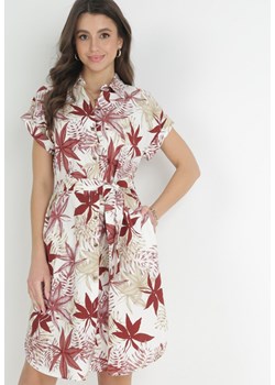 Bordowa Koszulowa Sukienka Mini z Materiałowym Paskiem z Wzorzystej Bawełny Besana ze sklepu Born2be Odzież w kategorii Sukienki - zdjęcie 153232728