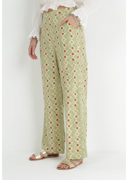 Jasnozielone Szerokie Spodnie Bawełniane w Fantazyjny Nadruk Miia ze sklepu Born2be Odzież w kategorii Spodnie damskie - zdjęcie 153232748