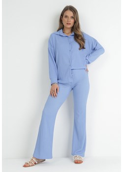 Niebieski 2-częściowy Komplet z Koszulą i Spodniami z Tłoczonej Tkaniny Benneta ze sklepu Born2be Odzież w kategorii Komplety i garnitury damskie - zdjęcie 153283908