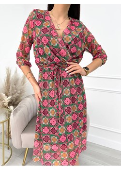 Zielona Sukienka w Różowy Wzór z Paskiem ze sklepu ModnaKiecka.pl w kategorii Sukienki - zdjęcie 153310915