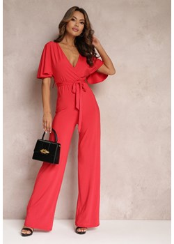 Czerwony Długi Kombinezon z Wiązaniem i Głębokim Kopertowym Dekoltem Sumya ze sklepu Renee odzież w kategorii Kombinezony damskie - zdjęcie 153349276