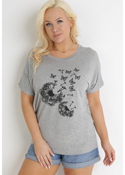 Szary T-shirt z Nadrukiem w Dmuchawce i Motyle Kyli ze sklepu Born2be Odzież w kategorii Bluzki damskie - zdjęcie 153733688
